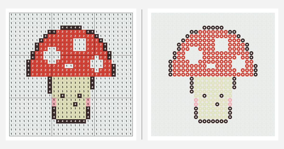 Mushroom sample converted into a numbered bead pattern, alongside a bead preview.